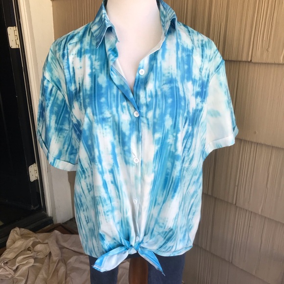 NWT C+D+M turq tiedye button up blouse - Picture 1 of 4